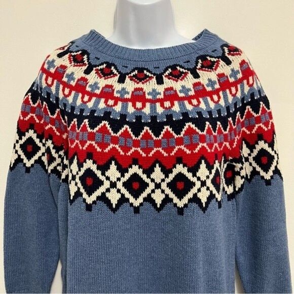 Chaps Womens  Sweater Small Blue Red Fair Isle Round Yoke Pullover - Picture 2 of 8